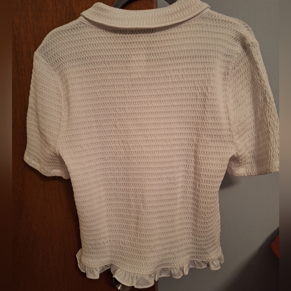 LOFT NWT Women's White Smocked Textured Ruffle Hem Collared Top Size XL - Picture 4 of 4